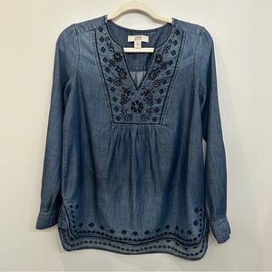 Vintage America Blues Woman’s Denim Embroidery  Beading Top Chambray Size S